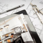 Computer,Tablet,Showing,Kitchen,Illustration,On,House,Plans,,Pencil,,Compass.