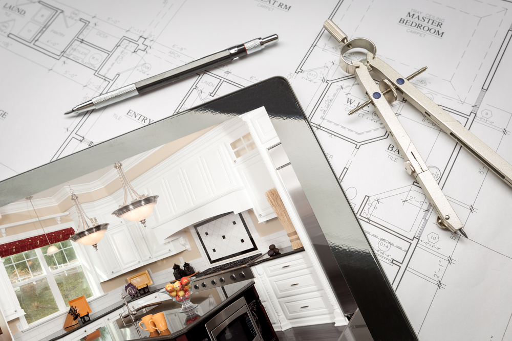 Computer,Tablet,Showing,Kitchen,Illustration,On,House,Plans,,Pencil,,Compass.
