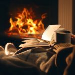 Woman,With,Cup,Of,Drink,And,Book,Near,Fireplace,At